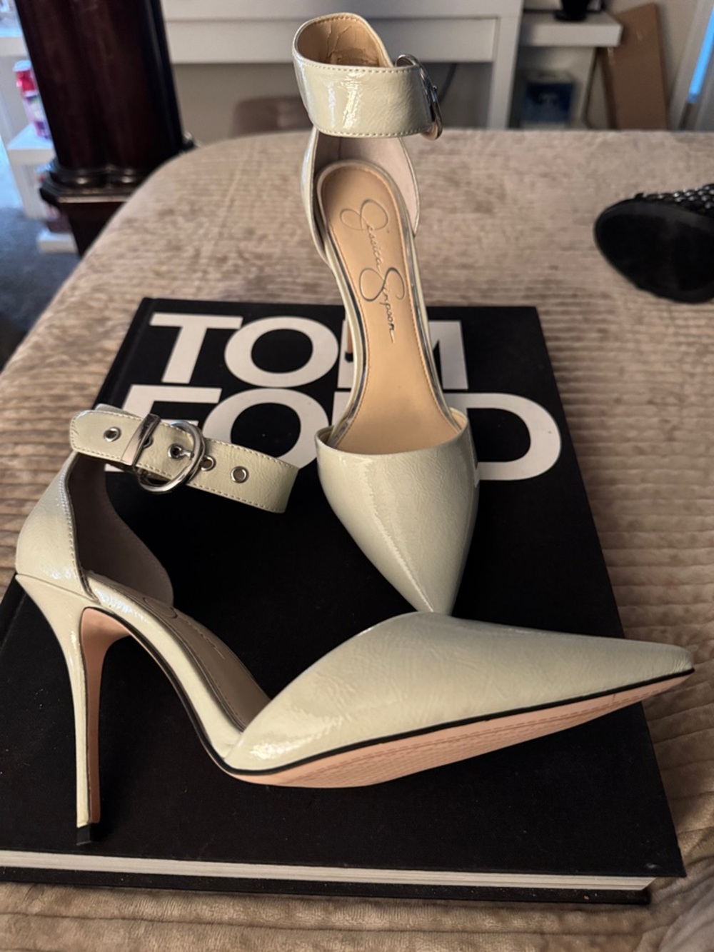 Jessica Simpson Cream Patent Pointed-Toe Ankle-Strap Heels